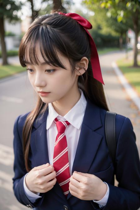 11080-1716185884-A pensive schoolgirl with a bow in her hair and wearing a dark blazer over a white shirt with a red ribbon tie looks away though.png